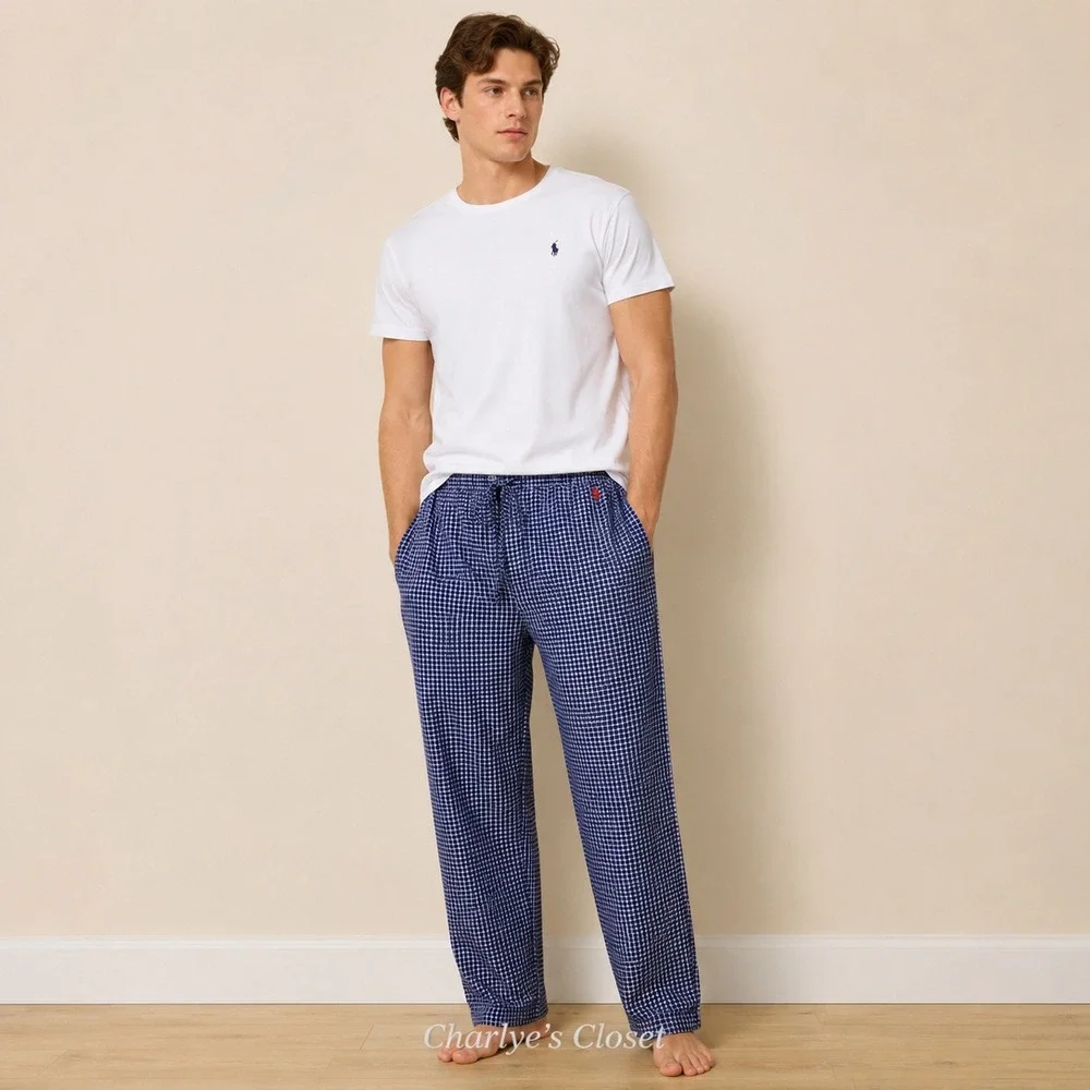 Polo‎ Ralph Lauren Mens Pajama Pants L Blue Gingham Cotton Lounge Sleepwear